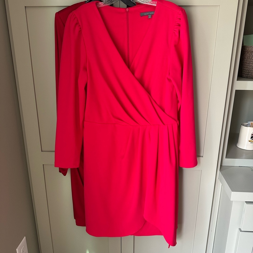 EUC Dillards Julia Jordan Ruched Wrap Dress V-Neck Pinkish Red Sz 12 Worn 1x